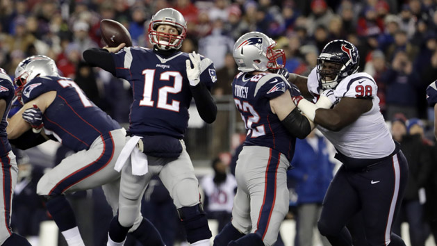 Jan 14, 2017; Foxborough, MA, USA; New England Patriots quarterback Tom Brady (12) throws a pass against the Houston Texans during the first quarter in the AFC Divisional playoff game at Gillette Stadium. Photo Credit: David Butler III-USA TODAY Sports
