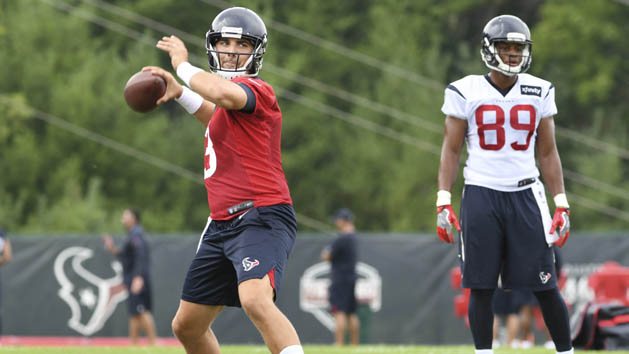 Jul 27, 2017; Greenbrier, WV, USA; Houston Texans quarterback Tom Savage (3) throws during training camp at The Greenbrier. Photo Credit: Michael Shroyer-USA TODAY Sports