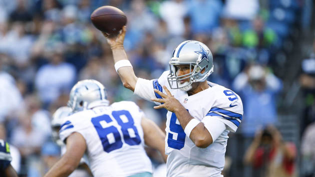 Aug 25, 2016; Seattle, WA, USA; Dallas Cowboys quarterback Tony Romo (9) passes against the Seattle Seahawks during the first quarter at CenturyLink Field. Photo Credit: Joe Nicholson-USA TODAY Sports