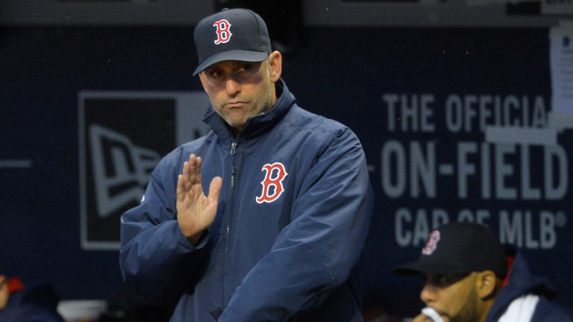 Apr 6, 2016; Cleveland, OH, USA; Boston Red Sox bench coach Torey Lovullo (17) signals from the dugout in the first inning against the Cleveland Indians at Progressive Field. Photo Credit: David Richard-USA TODAY Sports