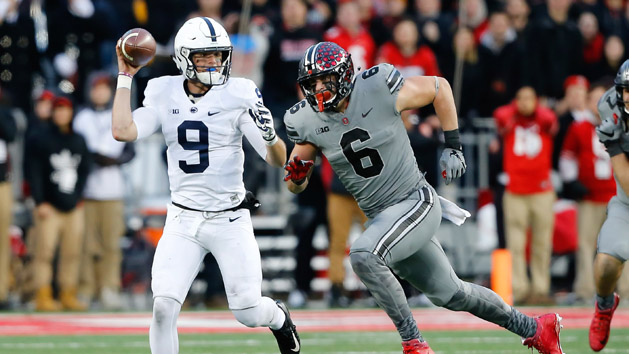 Oct 28, 2017; Columbus, OH, USA; Penn State Nittany Lions quarterback Trace McSorley (9) chased by Ohio State Buckeyes defensive end Sam Hubbard (6) during the third quarter at Ohio Stadium. Photo Credit: Joe Maiorana-USA TODAY Sports