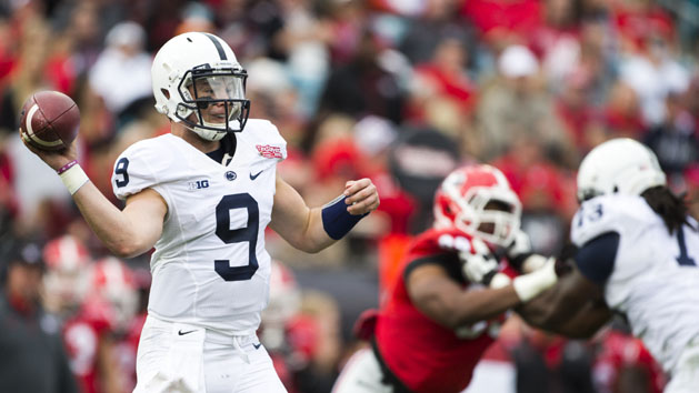 Jan 2, 2016; Jacksonville, FL, USA; Penn State Nittany Lions quarterback Trace McSorley (9) throws a pass during the third quarter against the Georgia Bulldogs at EverBank Field. The Georgia Bulldogs defeated Penn State Nittany Lions 24-17 to win the 2016 TaxSlayer Bowl. Photo Credit: Logan Bowles-USA TODAY Sports