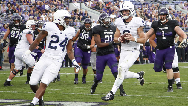 Oct 7, 2017; Evanston, IL, USA; Penn State Nittany Lions quarterback Trace McSorley (9) scores a touchdown against the Northwestern Wildcats during the second half at Ryan Field. Photo Credit: Kamil Krzaczynski-USA TODAY Sports