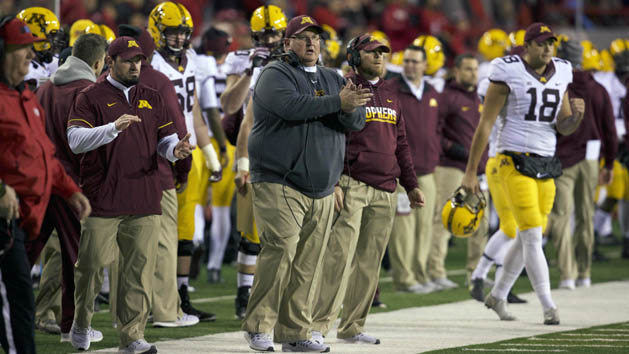 Nov 12, 2016; Lincoln, NE, USA; Minnesota Golden Gophers head coach Tracy Claeys watches during the game against the Nebraska Cornhuskers in the first half at Memorial Stadium. Mandatory Credit: Bruce Thorson-USA TODAY Sports