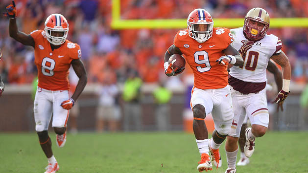 Sep 23, 2017; Clemson, SC, USA; Clemson running back Travis Etienne (9) runs 50 yards to score against Boston College during the 4th quarter at Clemson Memorial Stadium. Photo Credit: Bart Boatwright/Greenville News via USA TODAY Sports