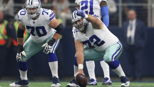 Oct 8, 2017; Arlington, TX, USA; Dallas Cowboys center Travis Frederick (72) signals prior to the snap with guard Zack Martin (70) against the Green Bay Packers at AT&T Stadium. Photo Credit: Matthew Emmons-USA TODAY Sports