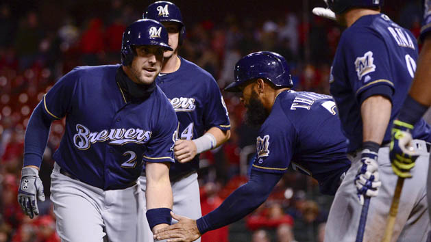 May 1, 2017; St. Louis, MO, USA; Milwaukee Brewers third baseman Travis Shaw (21) is congratulated by Eric Thames (7) after hitting a game winning three run home run off of St. Louis Cardinals relief pitcher Seung-Hwan Oh (not pictured) during the tenth inning at Busch Stadium. Photo Credit: Jeff Curry-USA TODAY Sports