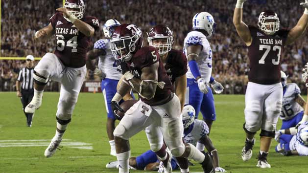 Oct 6, 2018; College Station, TX, USA; Texas A&M Aggies running back Trayveon Williams (5) celebrates after scoring on a game winning touchdown in overtime against the Kentucky Wildcats at Kyle Field. Photo Credit: John Glaser-USA TODAY Sports