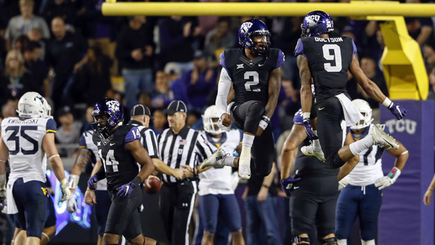 Oct 29, 2015; Fort Worth, TX, USA; TCU Horned Frogs quarterback Trevone Boykin (2) celebrates with wide receiver Josh Doctson (9) after throwing a touchdown pass during the second half against the West Virginia Mountaineers at Amon G. Carter Stadium. Mandatory Credit: Kevin Jairaj-USA TODAY Sports