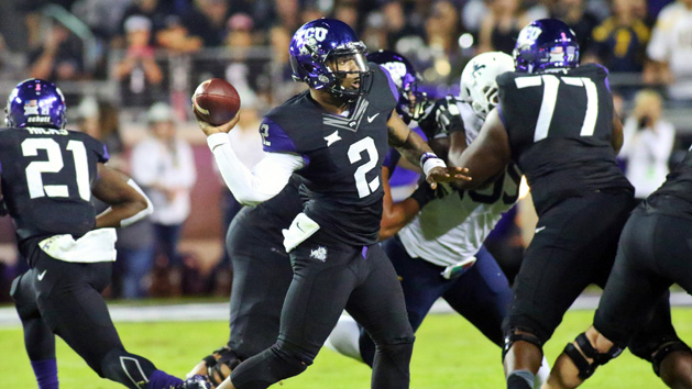 Oct 29, 2015; Fort Worth, TX, USA; TCU Horned Frogs quarterback Trevone Boykin (2) side arms his pass during the second quarter of a game against the West Virginia Mountaineers at Amon G. Carter Stadium. Mandatory Credit: Ray Carlin-USA TODAY Sports