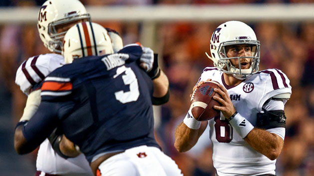 Sep 17, 2016; Auburn, AL, USA; Texas A&M Aggies quarterback Trevor Knight (8) looks to pass during the first quarter against the Auburn Tigers at Jordan Hare Stadium. Photo Credit: Shanna Lockwood-USA TODAY Sports