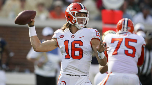 Sep 22, 2018; Atlanta, GA, USA; Clemson Tigers quarterback Trevor Lawrence (16) throws a pass against the Georgia Tech Yellow Jackets in the first half at Bobby Dodd Stadium. Photo Credit: Brett Davis-USA TODAY Sports