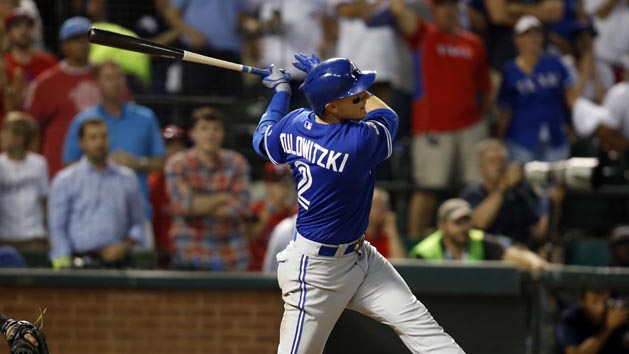 Oct 11, 2015; Arlington, TX, USA; Toronto Blue Jays shortstop Troy Tulowitzki hits a three-run home run against the Texas Rangers in the 6th inning in game three of the ALDS at Globe Life Park in Arlington. Mandatory Credit: Tim Heitman-USA TODAY Sports