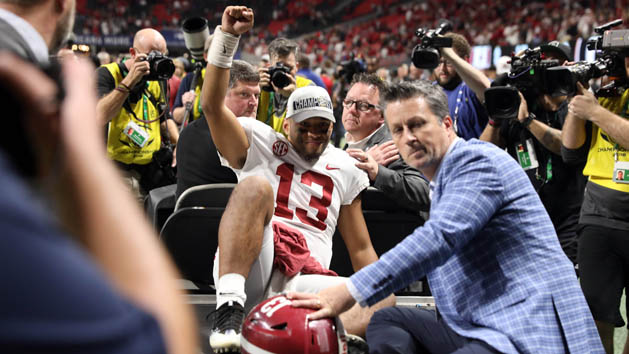 Dec 1, 2018; Atlanta, GA, USA; Alabama Crimson Tide quarterback Tua Tagovailoa (13) is carted off after defeating the Georgia Bulldogs in the SEC championship game at Mercedes-Benz Stadium. Photo Credit: Jason Getz-USA TODAY Sports