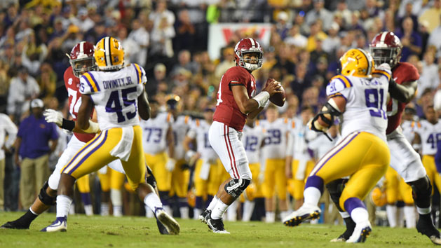 Nov 3, 2018; Baton Rouge, LA, USA; Alabama Crimson Tide quarterback Tua Tagovailoa (13) drops back to pass against the LSU Tigers during the first quarter at Tiger Stadium. Photo Credit: John David Mercer-USA TODAY Sports