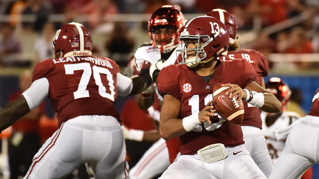 Sep 1, 2018; Orlando, FL, USA; Alabama Crimson Tide quarterback Tua Tagovailoa (13) attempts a pass against the Louisville Cardinals during the first half at Camping World Stadium. Mandatory Credit: Jasen Vinlove-USA TODAY Sports
