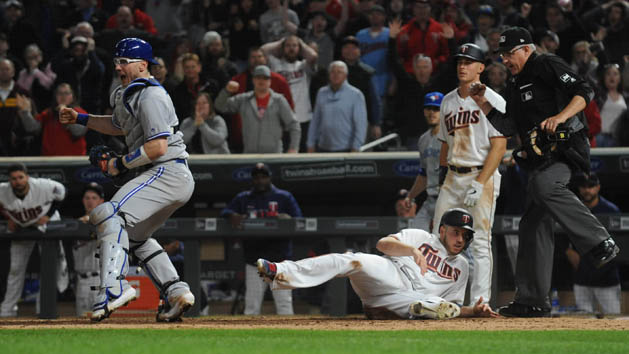 Apr 16, 2019; Minneapolis, MN, USA; Toronto Blue Jays catcher Danny Jansen (9) celebrates the win after tagging out Minnesota Twins first baseman C.J. Cron (24) at home plate for the final out of the game during the ninth inning at Target Field. Photo Credit: Marilyn Indahl-USA TODAY Sports