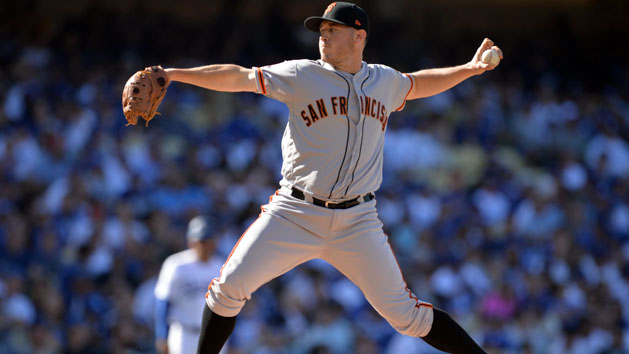 March 29, 2018; Los Angeles, CA, USA; San Francisco Giants starting pitcher Ty Blach (50) throws in the first inning against the San Francisco Giants in the opening day game at Dodger Stadium. Photo Credit: Gary A. Vasquez-USA TODAY Sports