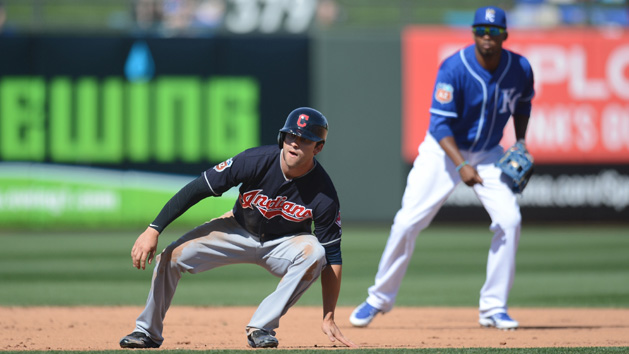 Mar 13, 2016; Surprise, AZ, USA; Cleveland Indians center fielder Tyler Naquin (72) leads off of second base against the Kansas City Royals during the fifth inning at Surprise Stadium. Mandatory Credit: Joe Camporeale-USA TODAY Sports