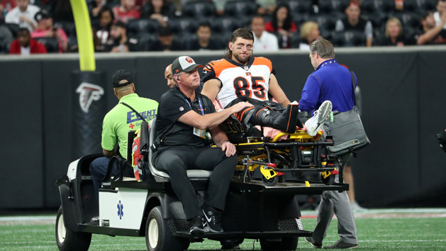 Sep 30, 2018; Atlanta, GA, USA; Cincinnati Bengals tight end Tyler Eifert (85) is carted off the field after suffering an injury in the third quarter against the Atlanta Falcons at Mercedes-Benz Stadium. Photo Credit: Jason Getz-USA TODAY Sports