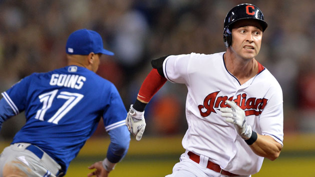Aug 19, 2016; Cleveland, OH, USA; Cleveland Indians center fielder Tyler Naquin (30) rounds the bases on a game-winning inside-the-park home run against the Toronto Blue Jays during the ninth inning at Progressive Field. The Indians won 3-2. Photo Credit: Ken Blaze-USA TODAY Sports