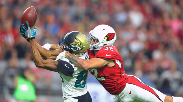 Nov 26, 2017; Glendale, AZ, USA; Arizona Cardinals safety Tyrann Mathieu (32) breaks up a pass intended for Jacksonville Jaguars wide receiver Keelan Cole in the second quarter at University of Phoenix Stadium. Photo Credit: Mark J. Rebilas-USA TODAY Sports