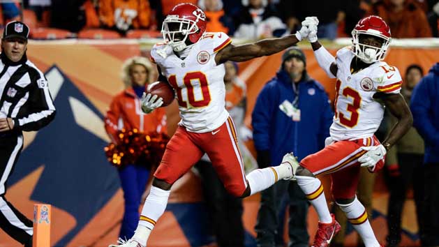 Nov 27, 2016; Denver, CO, USA; Kansas City Chiefs wide receiver Tyreek Hill (10) celebrates a touchdown with wide receiver De'Anthony Thomas (13) in the second quarter against the Denver Broncos at Sports Authority Field at Mile High. Photo Credit: Isaiah J. Downing-USA TODAY Sports