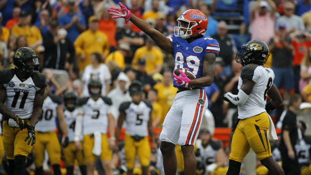 Oct 15, 2016; Gainesville, FL, USA; Florida Gators wide receiver Tyrie Cleveland (89) reacts after first down against the Missouri Tigers during the first quarter at Ben Hill Griffin Stadium. Photo Credit: Kim Klement-USA TODAY Sports