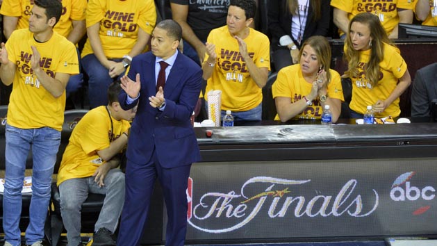 May 25, 2016; Cleveland, OH, USA; Cleveland Cavaliers head coach Tyronn Lue reacts in the first quarter against the Toronto Raptors in game five of the Eastern conference finals of the NBA Playoffs at Quicken Loans Arena. Mandatory Credit: David Richard-USA TODAY Sports