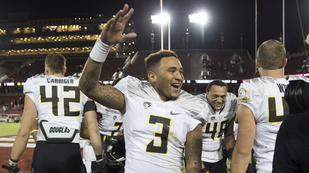 November 14, 2015; Stanford, CA, USA; Oregon Ducks quarterback Vernon Adams Jr. (3) celebrates after the game against the Stanford Cardinal at Stanford Stadium. The Ducks defeated the Cardinal 38-36. Mandatory Credit: Kyle Terada-USA TODAY Sports