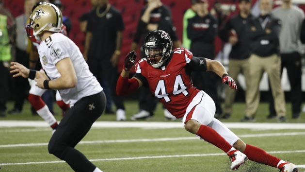 Jan 1, 2017; Atlanta, GA, USA; Atlanta Falcons outside linebacker Vic Beasley (44) applies pressure to New Orleans Saints quarterback Drew Brees (9) in the fourth quarter of their game at the Georgia Dome. The Falcons won 38-32. Photo Credit: Jason Getz-USA TODAY Sports