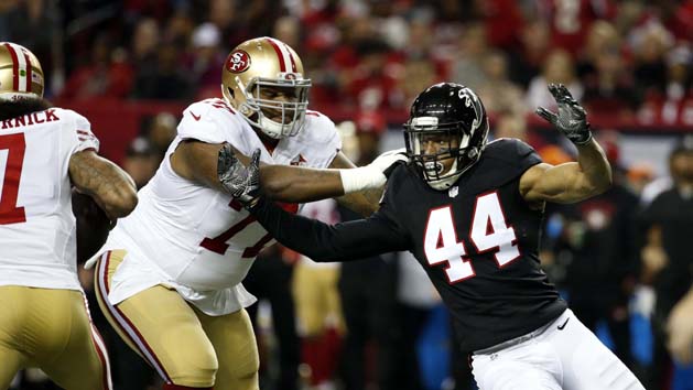 Dec 18, 2016; Atlanta, GA, USA; Atlanta Falcons outside linebacker Vic Beasley (44) goes against San Francisco 49ers offensive tackle Trent Brown (77) in the first quarter of their game at the Georgia Dome. The Falcons won 41-13. Photo Credit: Jason Getz-USA TODAY Sports