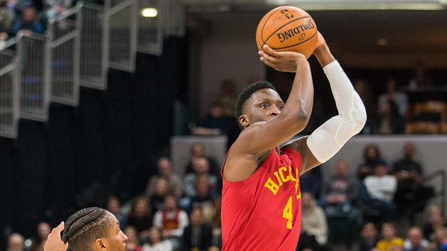 Nov 16, 2018; Indianapolis, IN, USA; Indiana Pacers guard Victor Oladipo (4) shoots the ball while Miami Heat forward Rodney McGruder (17) defends in the second half at Bankers Life Fieldhouse. Photo Credit: Trevor Ruszkowski-USA TODAY Sports