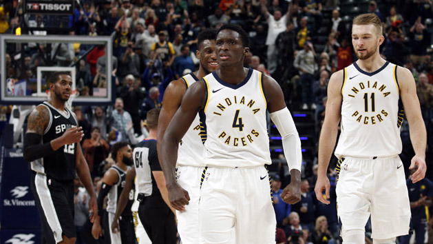 Oct 29, 2017; Indianapolis, IN, USA; Indiana Pacers guard Victor Oladipo (4) reacts to making the game winning three point shot with 10.3 seconds to go in the fourth quarter against San Antonio Spurs forward LaMarcus Aldridge (12) at Bankers Life Fieldhouse. Photo Credit: Brian Spurlock-USA TODAY Sports