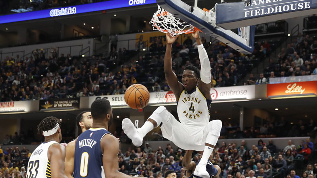 Dec 10, 2017; Indianapolis, IN, USA; Indiana Pacers guard Victor Oladipo (4) dunks against the Denver Nuggets during the 3rd quarter at Bankers Life Fieldhouse. Photo Credit: Brian Spurlock-USA TODAY Sports