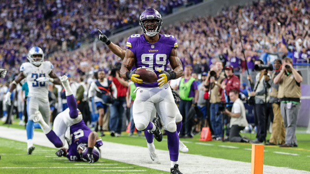 Nov 4, 2018; Minneapolis, MN, USA; Minnesota Vikings defensive end Danielle Hunter (99) returns a fumble for a touchdown during the fourth quarter against the Minnesota Vikings at U.S. Bank Stadium. Photo Credit: Brace Hemmelgarn-USA TODAY Sports