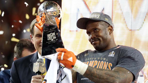 Feb 7, 2016; Santa Clara, CA, USA; Denver Broncos outside linebacker Von Miller (58) celebrates with the Vince Lombardi Trophy after being named the Super Bowl MVP after beating the Carolina Panthers in Super Bowl 50 at Levi's Stadium. Mandatory Credit: Matthew Emmons-USA TODAY Sports