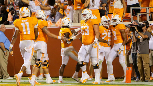 Sep 1, 2016; Knoxville, TN, USA; Tennessee Volunteers wide receiver Josh Malone (3) is congratulated by teammates after scoring a touchdown against the Appalachian State Mountaineers during the second half at Neyland Stadium. Tennessee won in overtime 20 to 13. Photo Credit: Randy Sartin-USA TODAY Sports