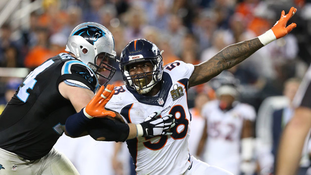 Feb 7, 2016; Santa Clara, CA, USA; Denver Broncos outside linebacker Von Miller (58) rushes the passer against Carolina Panthers tackle Mike Remmers (74) in Super Bowl 50 at Levi's Stadium. Photo Credit: Matthew Emmons-USA TODAY Sports