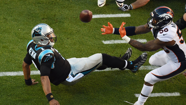 Feb 7, 2016; Santa Clara, CA, USA; Denver Broncos outside linebacker Von Miller (58) strips the ball from Carolina Panthers quarterback Cam Newton (1) in Super Bowl 50 at Levi's Stadium. Mandatory Credit: Ed Szczepanski-USA TODAY Sports
