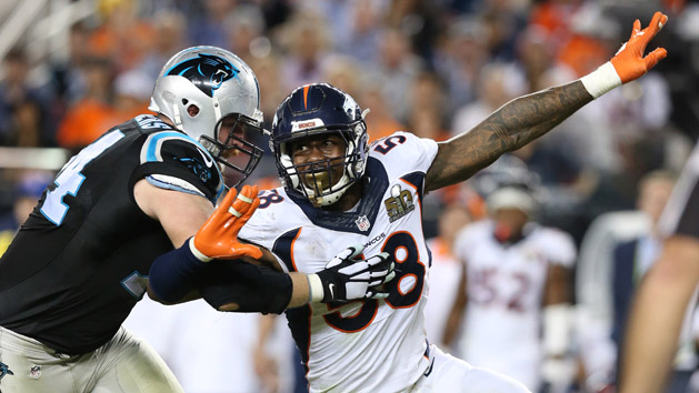 Feb 7, 2016; Santa Clara, CA, USA; Denver Broncos outside linebacker Von Miller (58) rushes the passer against Carolina Panthers tackle Mike Remmers (74) in Super Bowl 50 at Levi's Stadium. Mandatory Credit: Matthew Emmons-USA TODAY Sports