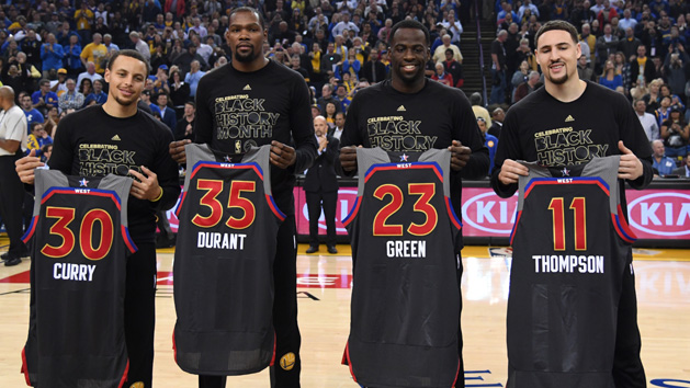 February 15, 2017; Oakland, CA, USA; Golden State Warriors guard Stephen Curry (30), forward Kevin Durant (35), forward Draymond Green (23), and guard Klay Thompson (11) pose with their All-Star jerseys before the game against the Sacramento Kings at Oracle Arena. Photo Credit: Kyle Terada-USA TODAY Sports