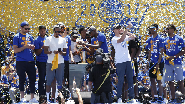 Jun 15, 2017; Oakland, CA, USA; The Golden State Warriors celebrate during the Warriors 2017 championship victory parade in downtown Oakland. Photo Credit: Cary Edmondson-USA TODAY Sports