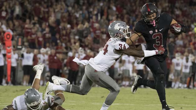 October 8, 2016; Stanford, CA, USA; Stanford Cardinal wide receiver Michael Rector (3) runs with the football against Washington State Cougars linebacker Frankie Luvu (51) and safety Jalen Thompson (34) during the second quarter at Stanford Stadium. Photo Credit: Kyle Terada-USA TODAY Sports