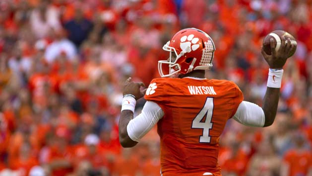 Nov 7, 2015; Clemson, SC, USA; Clemson Tigers quarterback Deshaun Watson (4) passes the ball during the first half against the Florida State Seminoles at Clemson Memorial Stadium. Mandatory Credit: Joshua S. Kelly-USA TODAY Sports