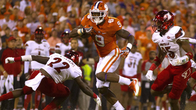 Oct 1, 2016; Clemson, SC, USA; Clemson Tigers running back Wayne Gallman (9) carries the ball during the second quarter against the Louisville Cardinals at Clemson Memorial Stadium. Photo Credit: Joshua S. Kelly-USA TODAY Sports