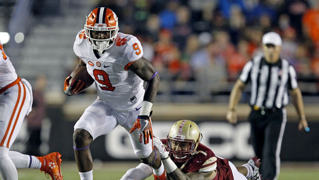 Oct 7, 2016; Boston, MA, USA; Boston College Eagles defensive end Harold Landry (7) fails to tackle Clemson Tigers running back Wayne Gallman (9) during the third quarter at Alumni Stadium. Photo Credit: Stew Milne-USA TODAY Sports