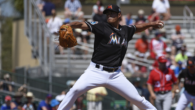 Mar 16, 2016; Jupiter, FL, USA; Miami Marlins starting pitcher Wei-Yin Chen (54) delivers a pitch against the Washington Nationals during the game at Roger Dean Stadium. Mandatory Credit: Scott Rovak-USA TODAY Sports