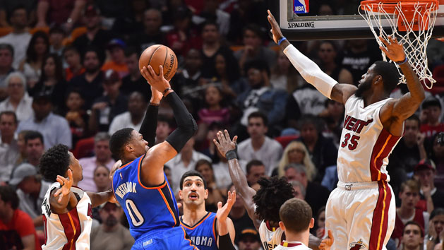 Dec 27, 2016; Miami, FL, USA; Oklahoma City Thunder guard Russell Westbrook (0) shoots against the Miami Heat during the second half at American Airlines Arena. The Oklahoma City Thunder defeat the Miami Heat 106-94. Photo Credit: Jasen Vinlove-USA TODAY Sports