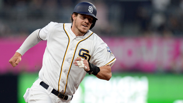 May 2, 2016; San Diego, CA, USA; San Diego Padres first baseman Wil Myers (4) rounds third on his way to score during the first inning against the Colorado Rockies at Petco Park. Photo Credit: Jake Roth-USA TODAY Sports
